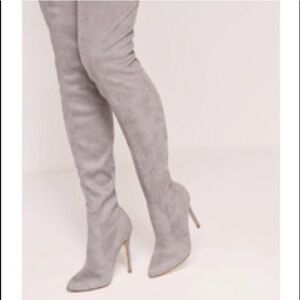 Missguided Over-the-Knee Stiletto Boots in Light Gray Suede